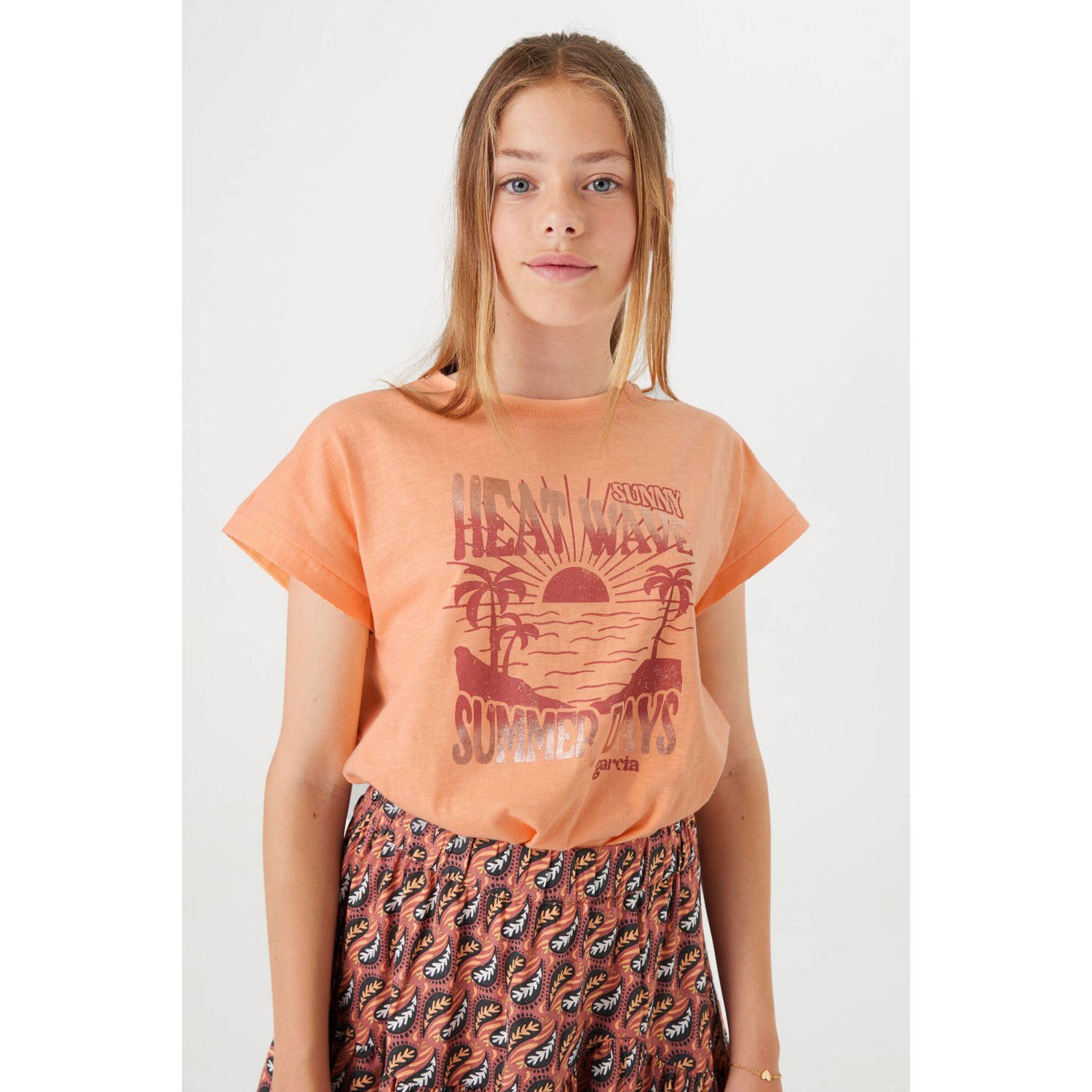 Garcia T-shirt met printopdruk oranje Meisjes Katoen Ronde hals Printopdruk 140 146
