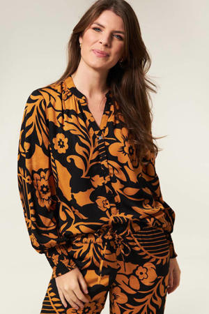 blousetop Debby met jacquard oranje/zwart