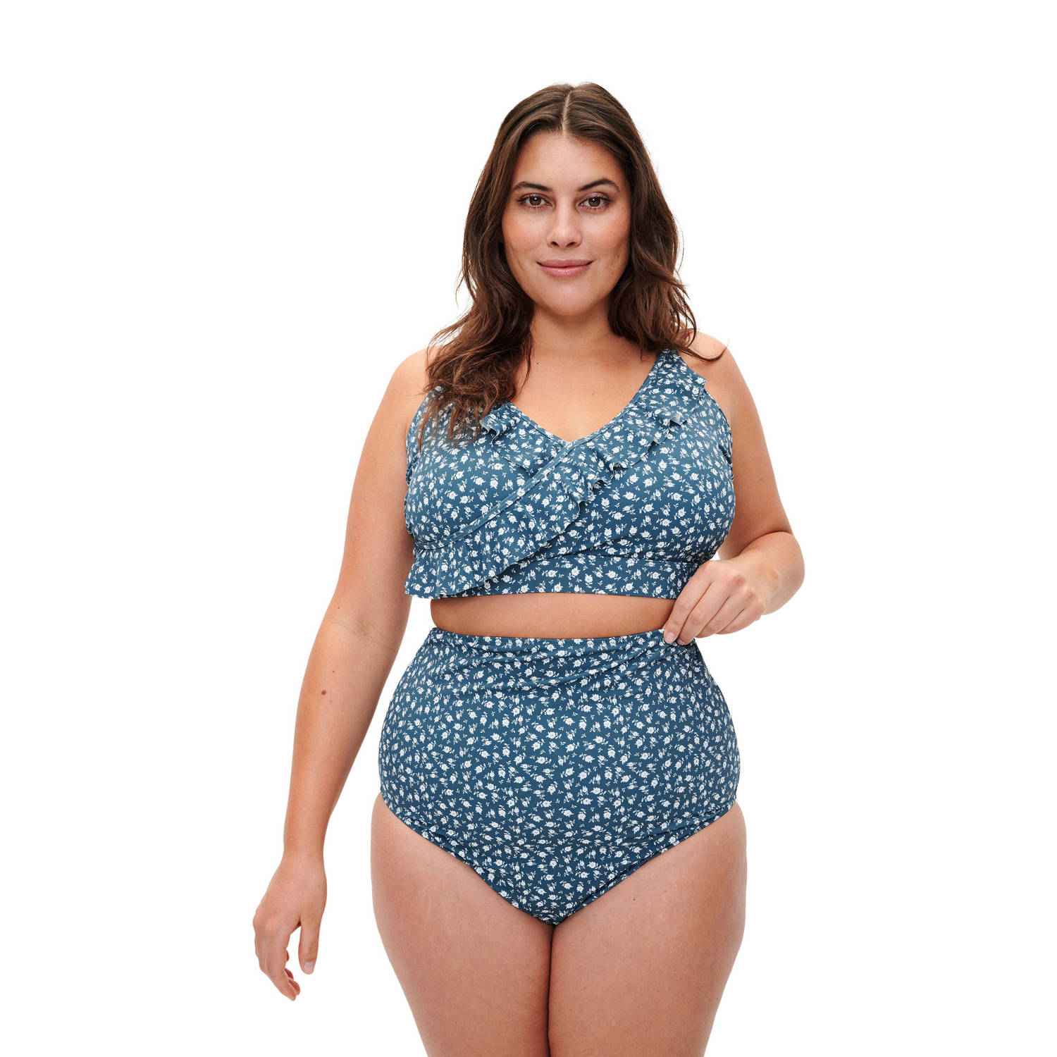 Zizzi high waist bikinibroekje SEMMA lichtblauw wit