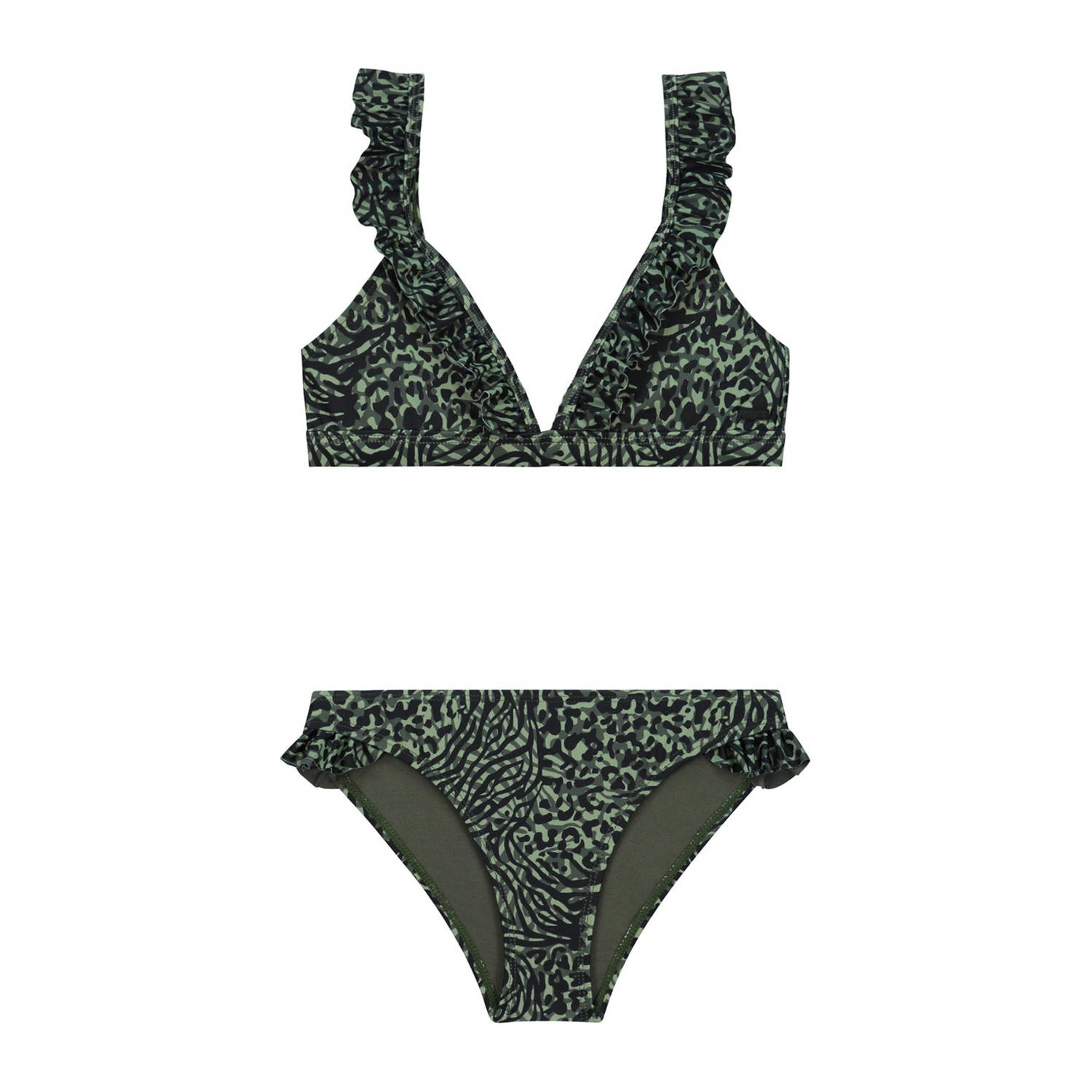 Shiwi triangel bikini Bella met ruches groen zwart Meisjes Gerecycled polyester 122 128