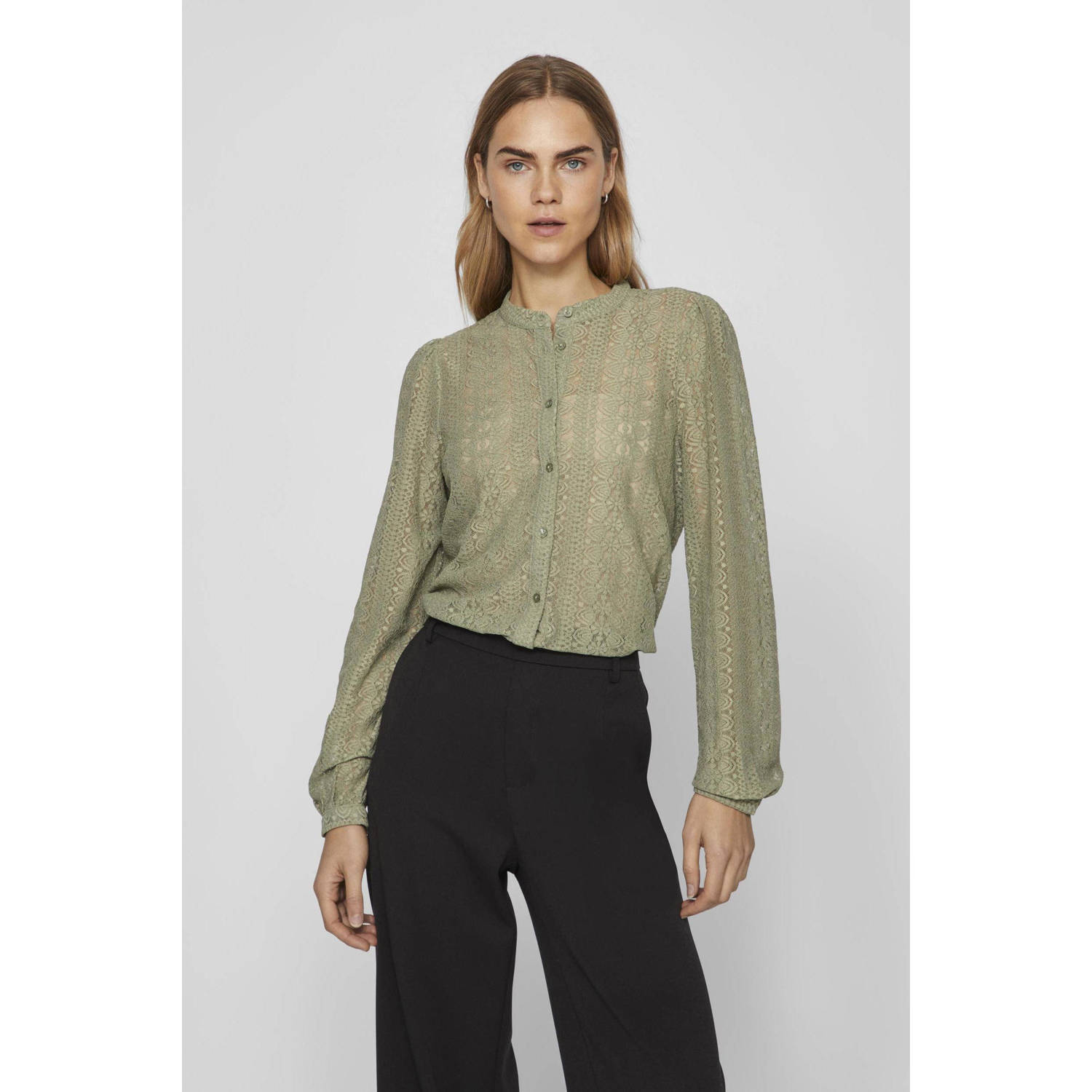 VILA geweven blouse VICHIKKA met kant lichtgroen