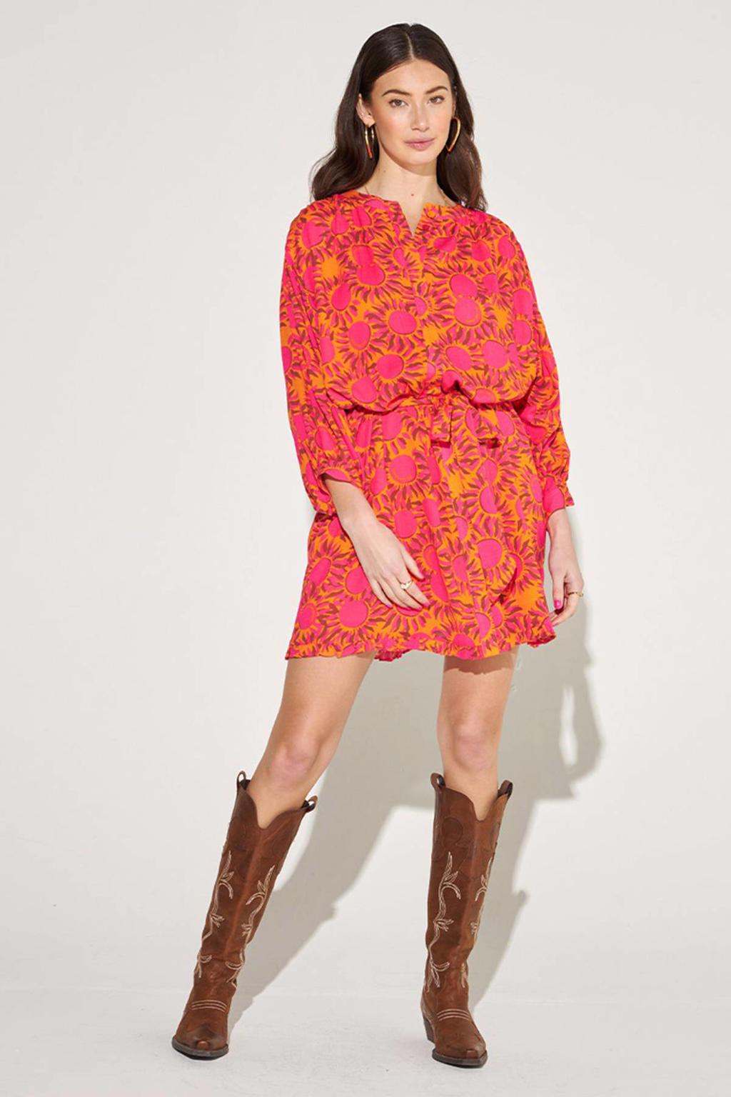 Roze en oranje dames HARPER & YVE blousejurk met ceintuur van viscose met half lange mouwen, ronde hals en knoopsluiting