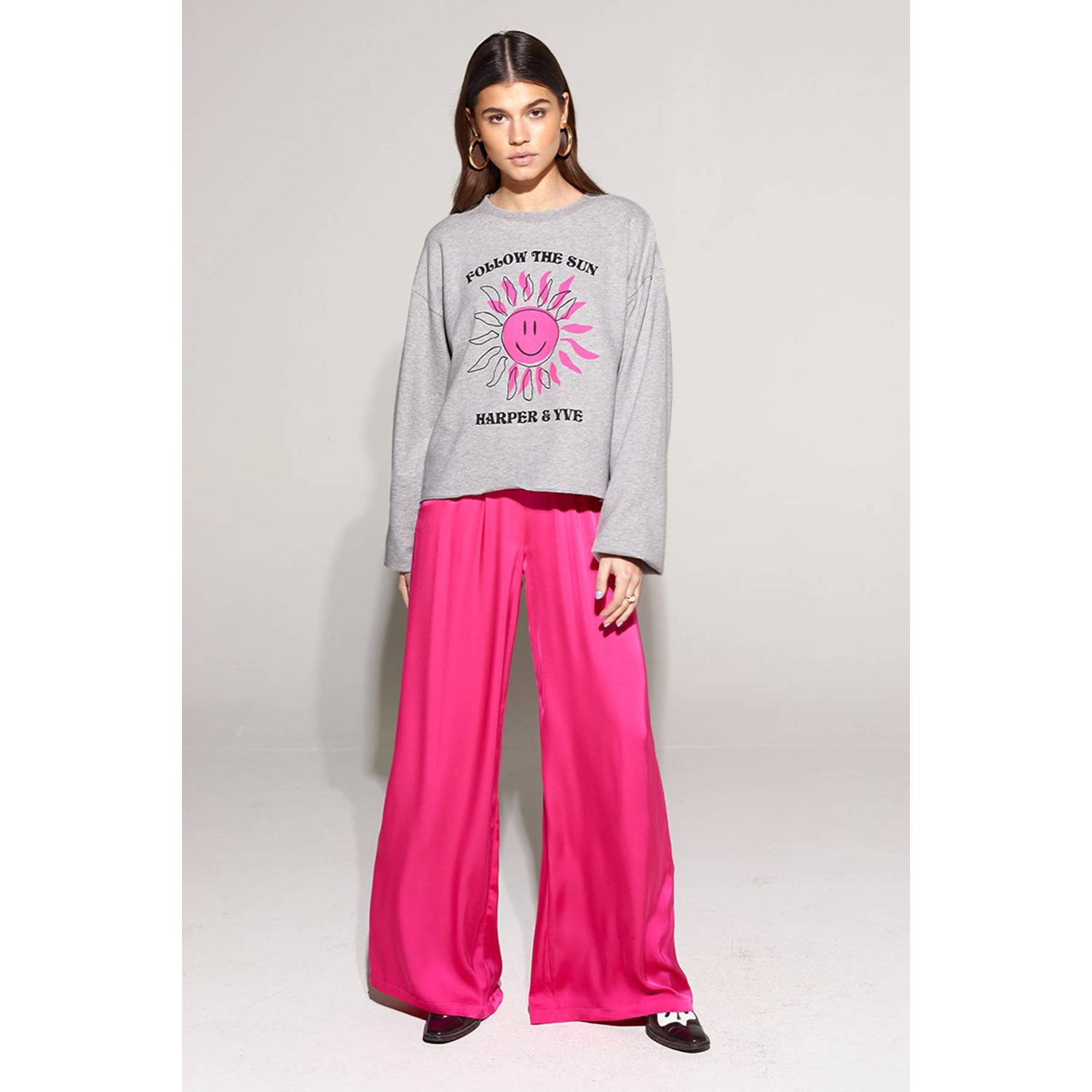 HARPER & YVE sweater SMILEY met printopdruk lichtgrijs roze zwart