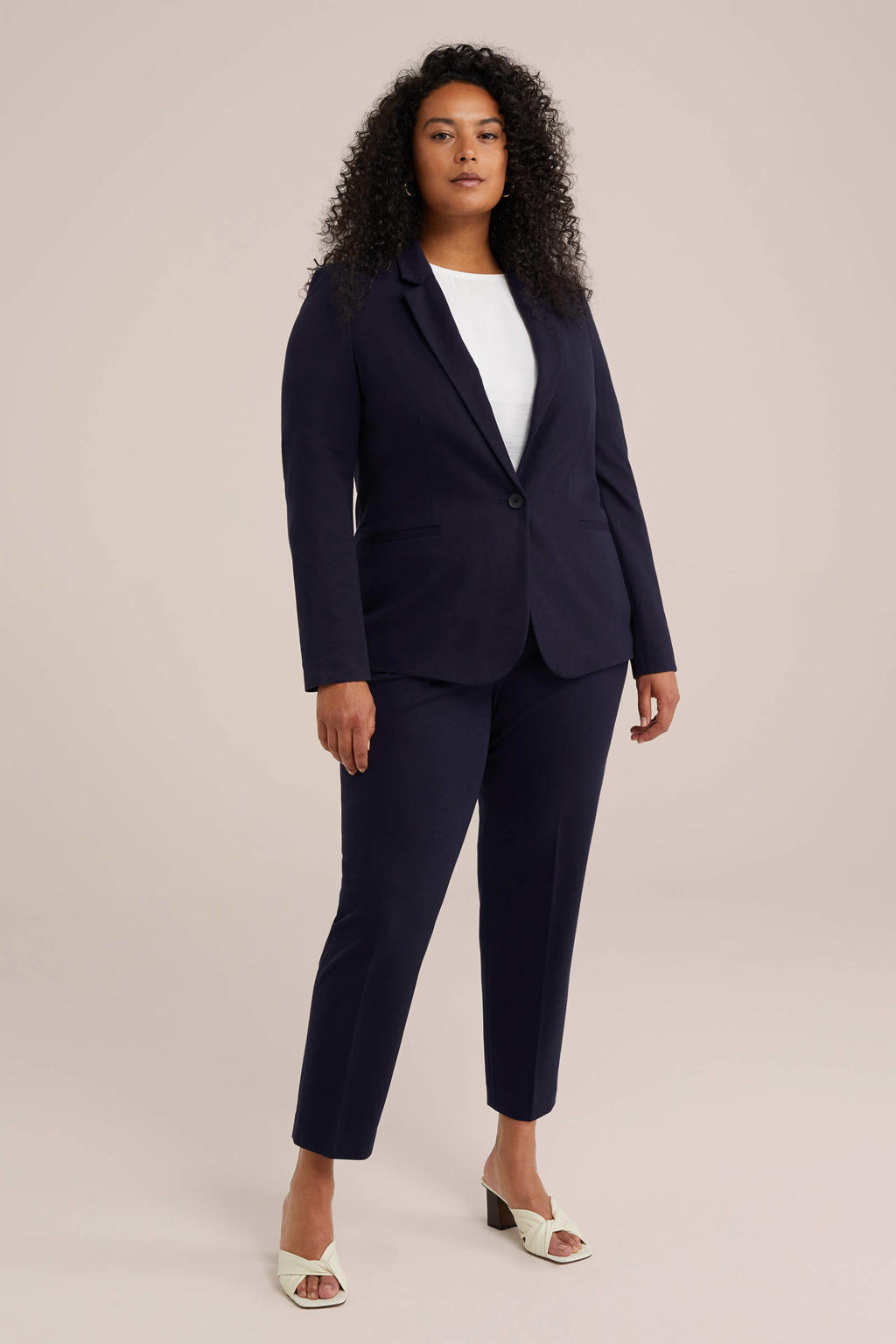 Marineblauwe dames WE Fashion Curve getailleerde blazer van viscose met effen, lange mouwen, reverskraag en knoopsluiting