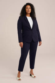 thumbnail: Marineblauwe dames WE Fashion Curve getailleerde blazer van viscose met effen, lange mouwen, reverskraag en knoopsluiting