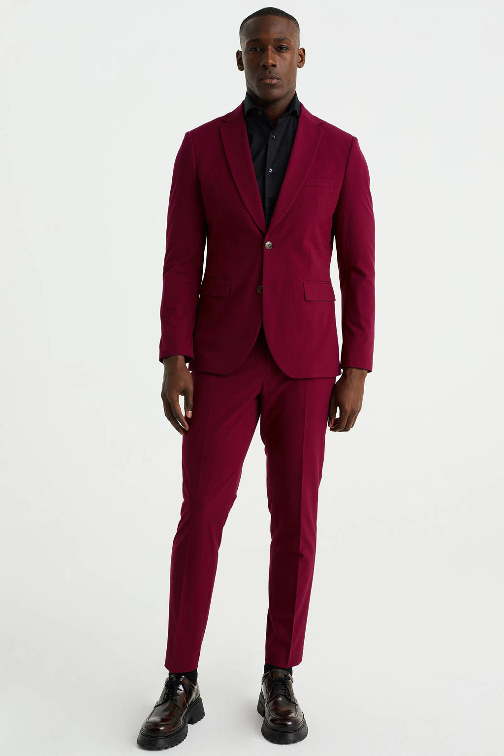 Donkerrode heren WE Fashion slim fit colbert van polyester met effen en reverskraag