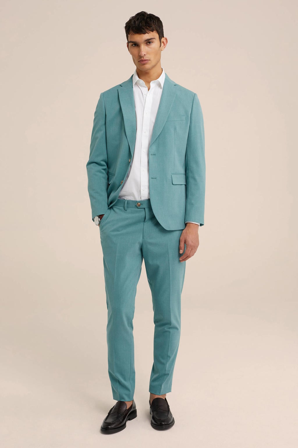 Turquoise heren WE Fashion gemêleerd slim fit colbert pastel mint van polyester met reverskraag