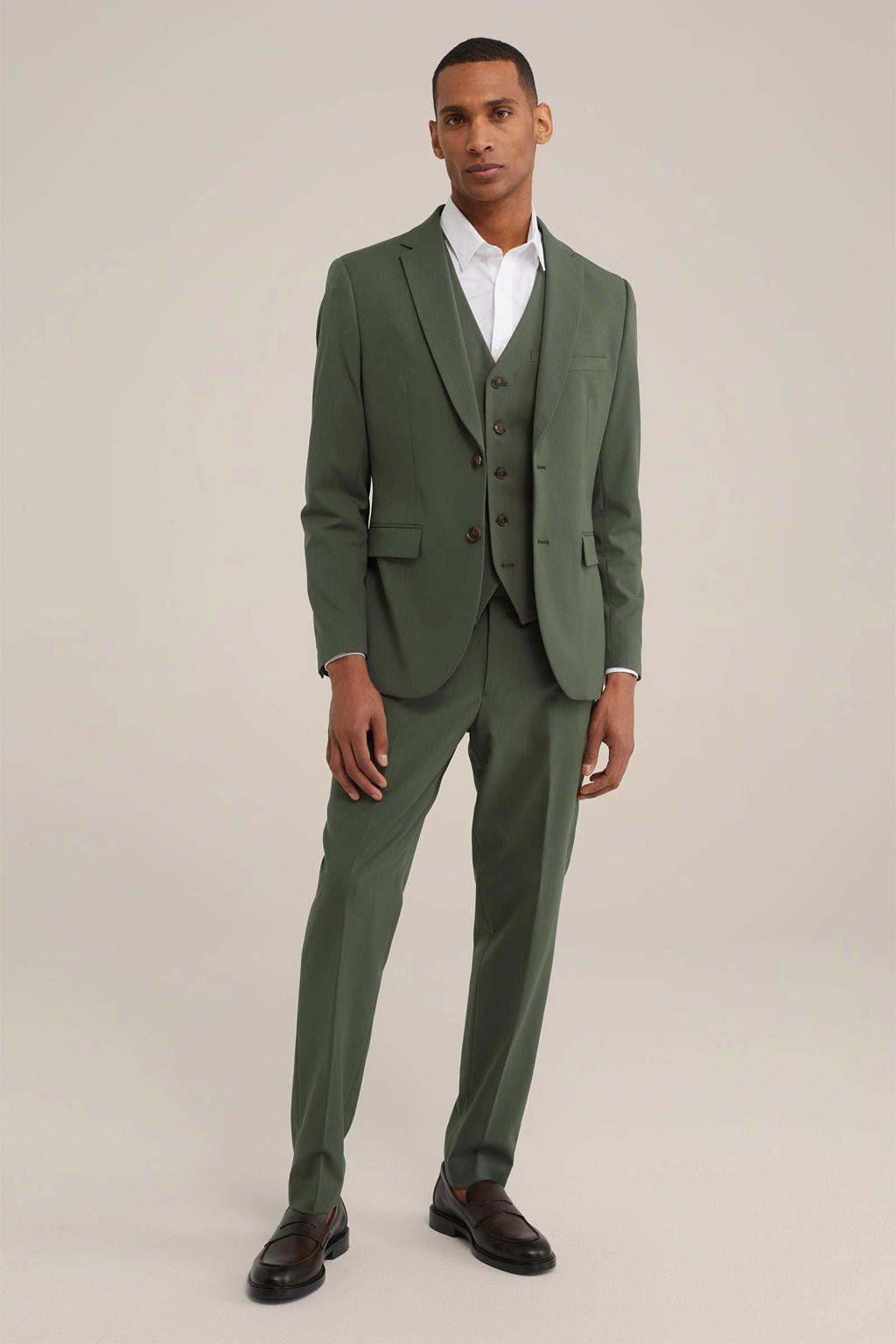 Olijfgroene heren WE Fashion slim fit colbert van polyester met reverskraag