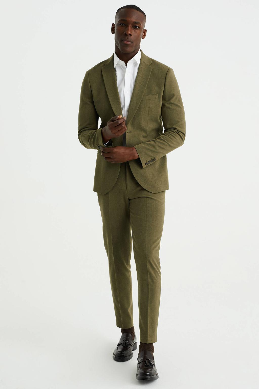 Olijfgroene heren WE Fashion slim fit colbert van polyester met effen en reverskraag