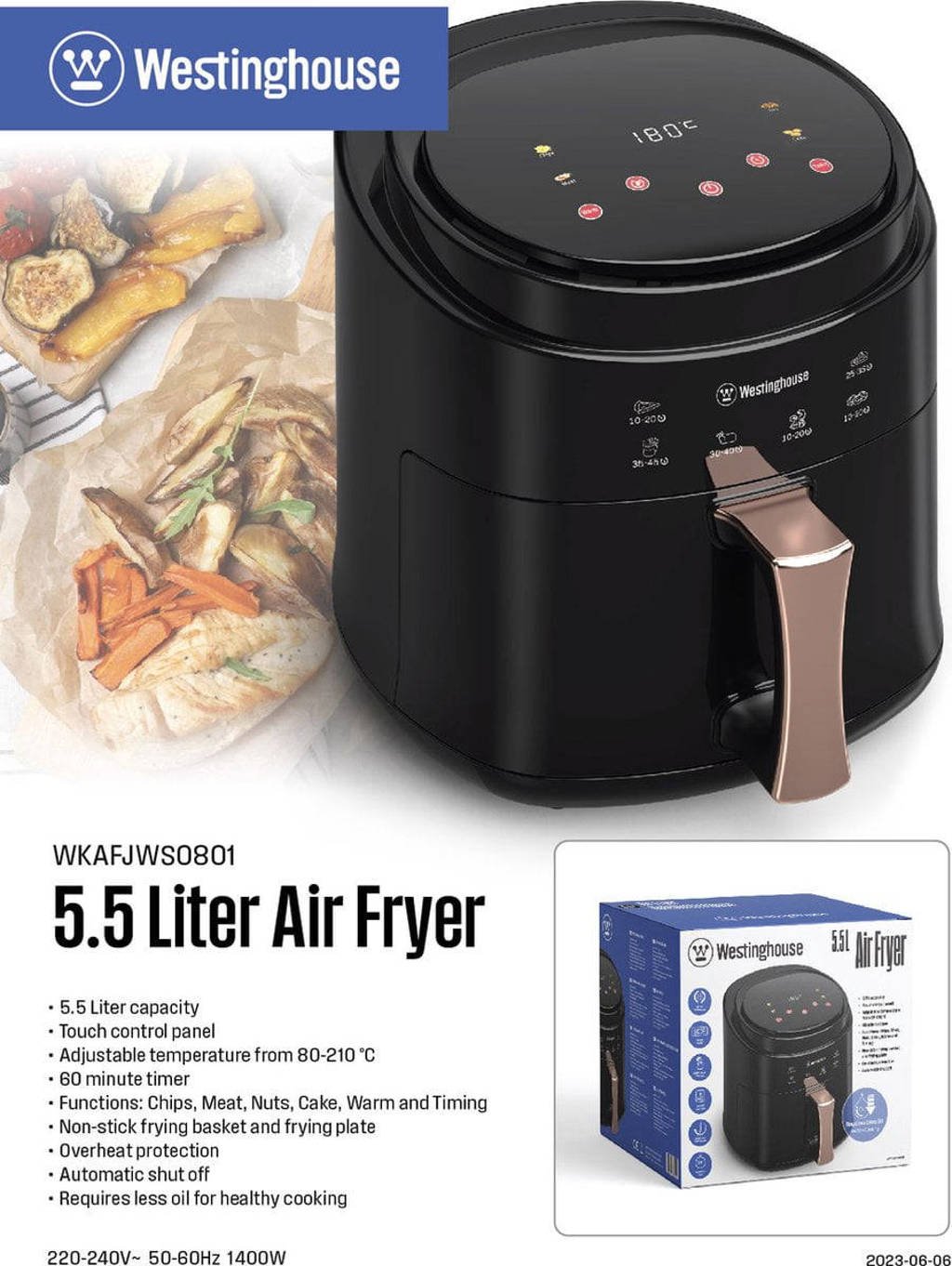 Westinghouse WKAF988/ 661 Air Fryer Healthy Fryer 220 Volts 50 Hz