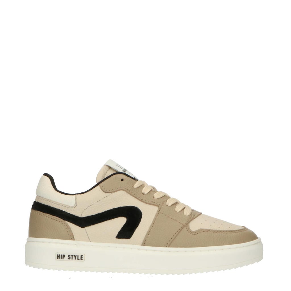 Taupe jongens Hip leren sneakers met veters