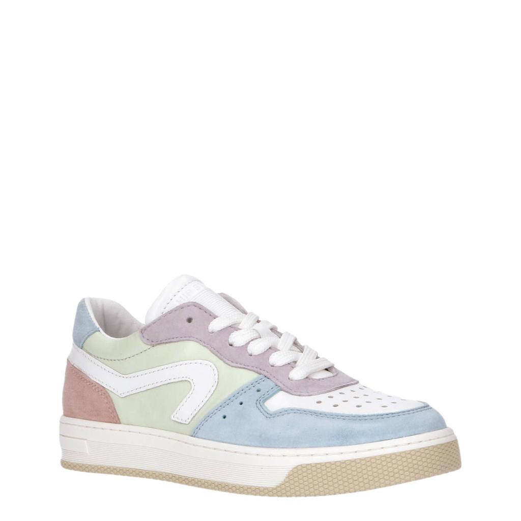 Lichtblauwe meisjes Hip sneakers combi van suède+leder met rits- en vetersluiting