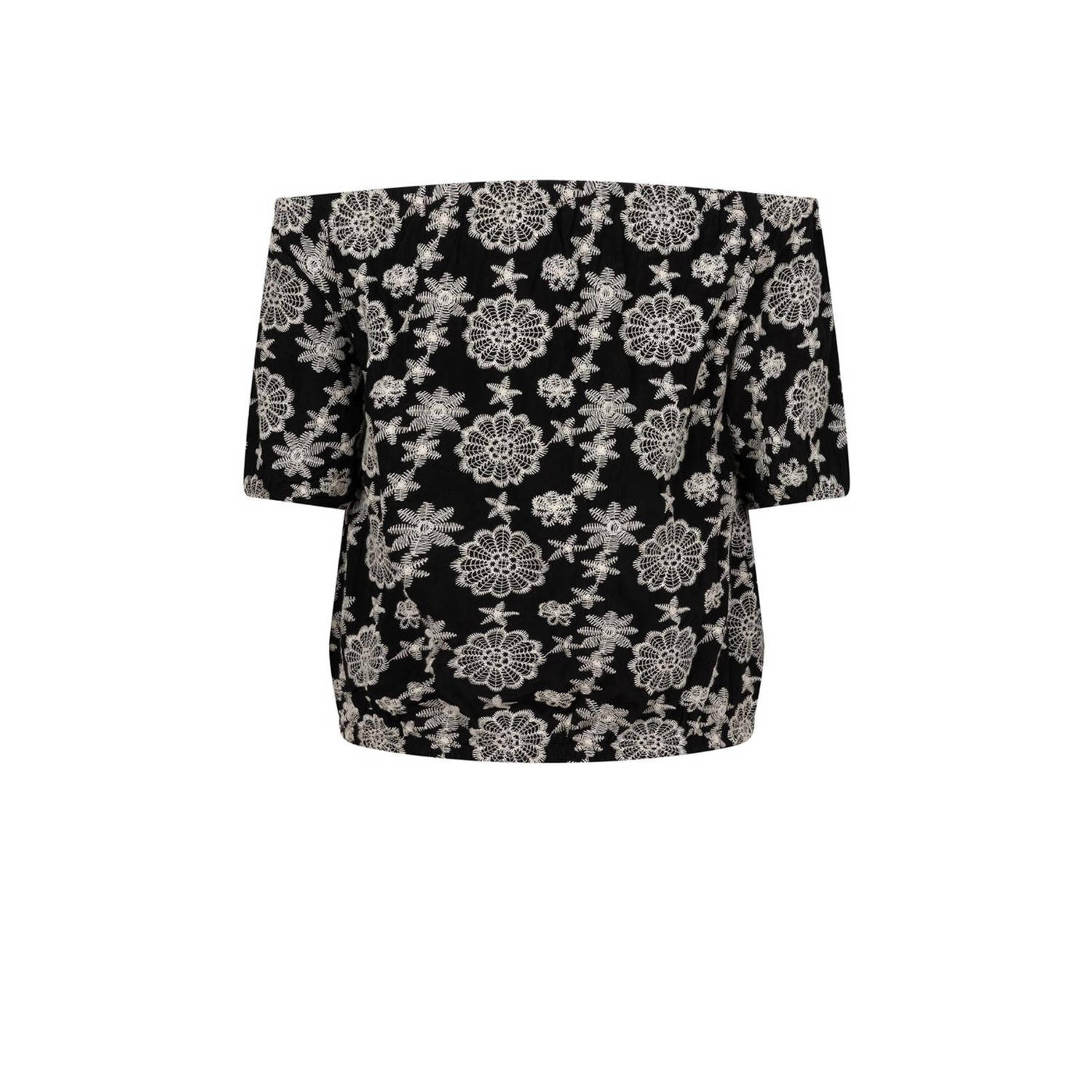 Indian Blue Jeans off shoulder top met all over print zwart ecru