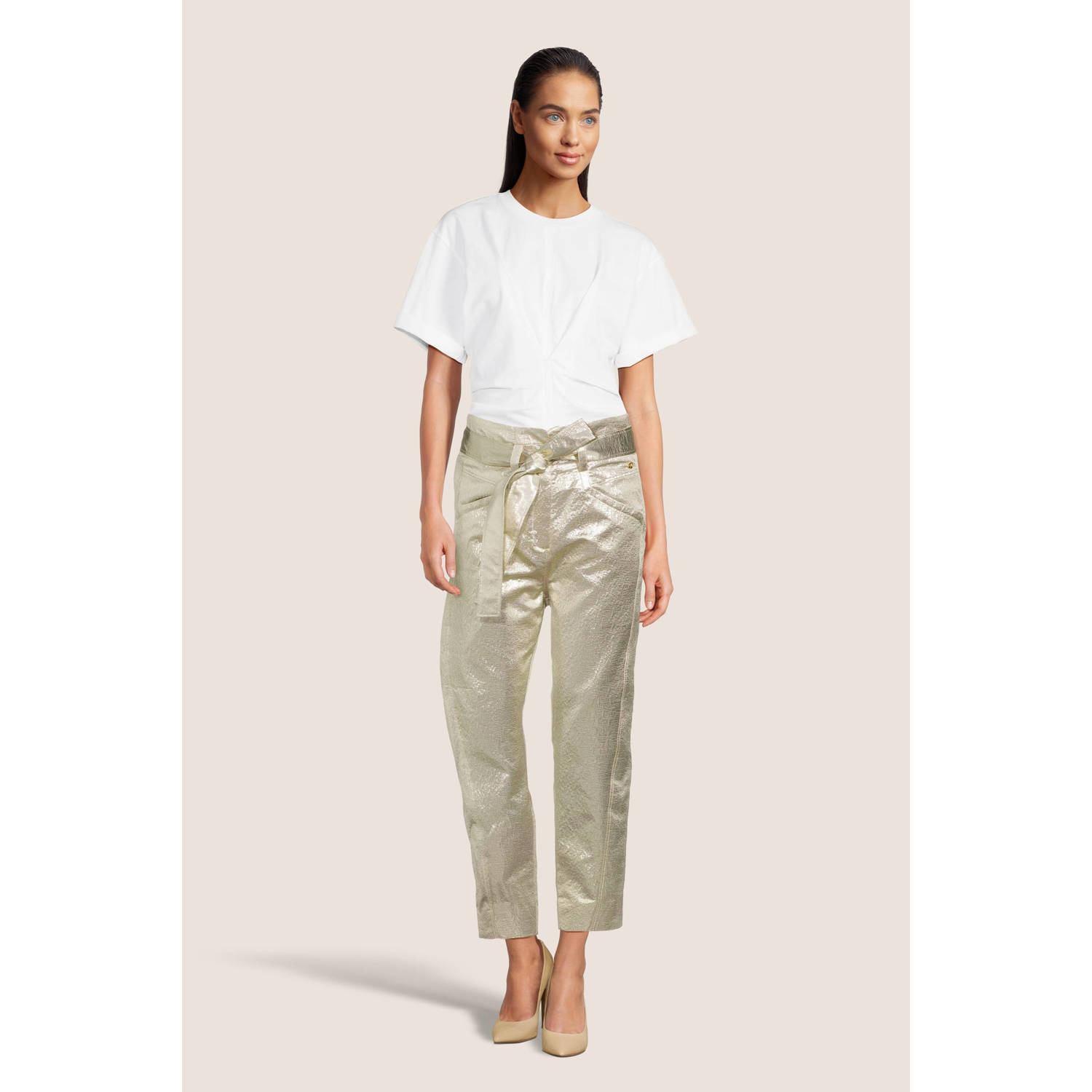 JOSH V metallic high waist tapered fit broek Hayden goud