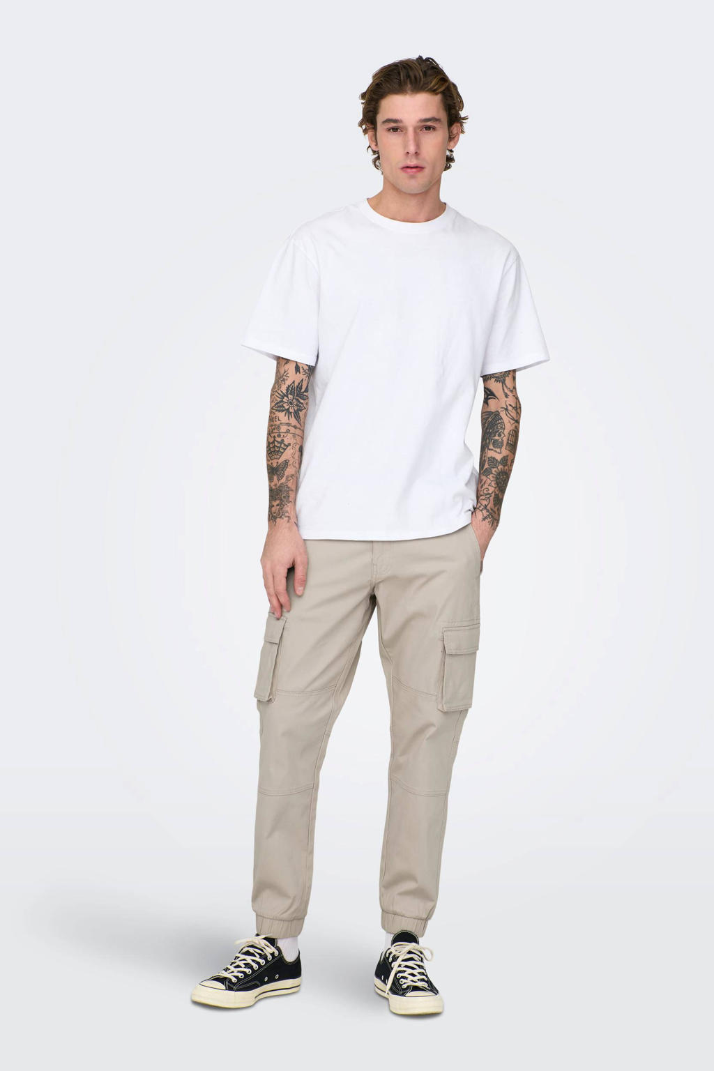 ONLY & SONS tapered fit cargo broek ONSCAM STAGE met logo beige