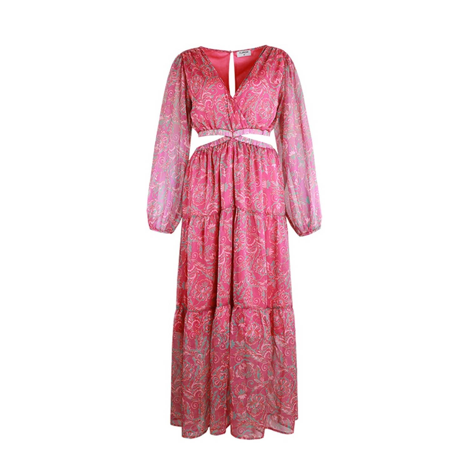 FLURESK maxi jurk Lissie met all over print en volant roze groen