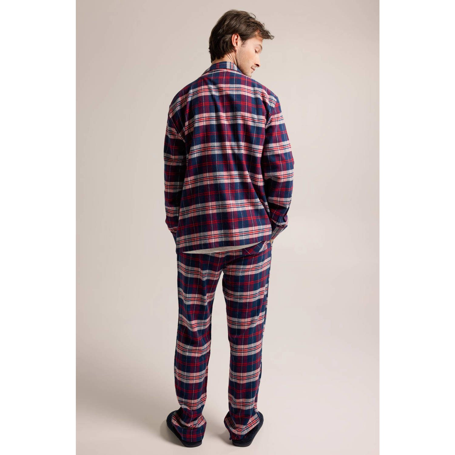 America Today flanellen pyjamatop Nathan donkerrood donkerblauw