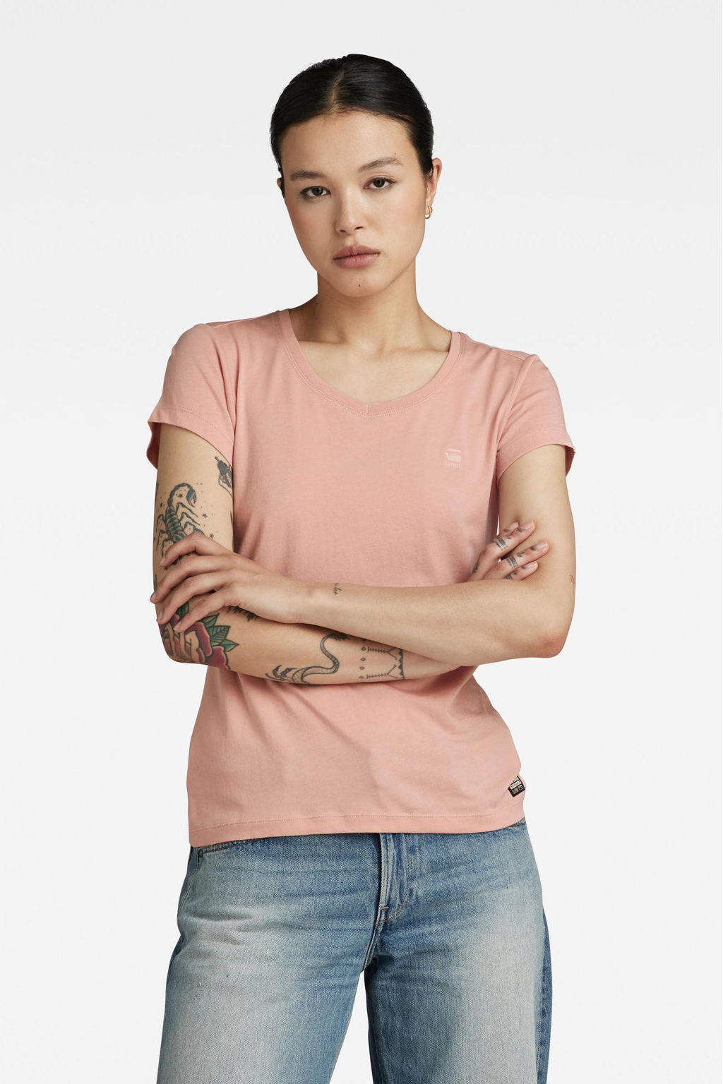 Roze dames G-STAR T-shirt Eyben van katoen met effen, korte mouwen en V-hals