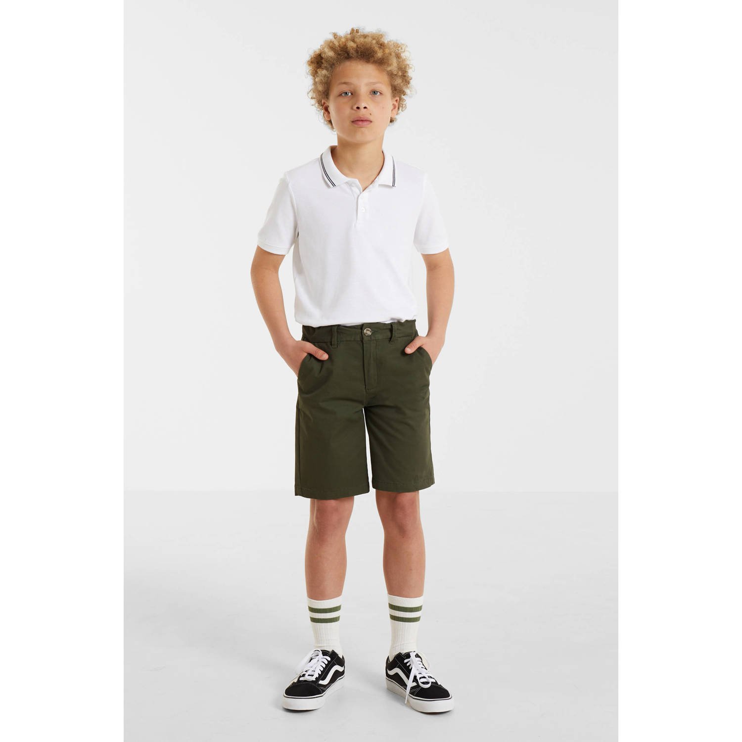 Anytime chino short khaki Korte broek Groen Jongens Katoen Effen 110 116