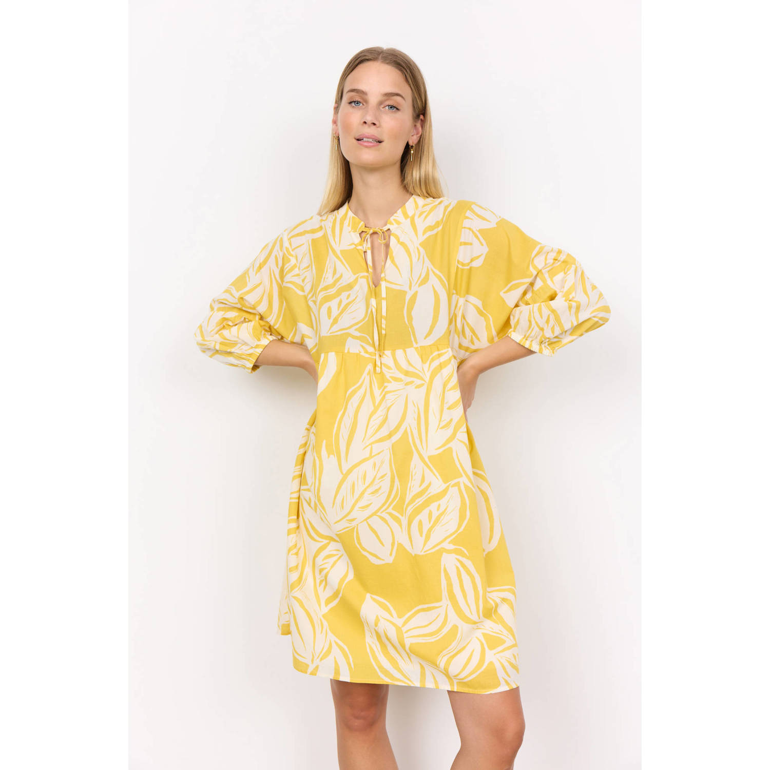 Soyaconcept A-lijn jurk met all over print geel wit