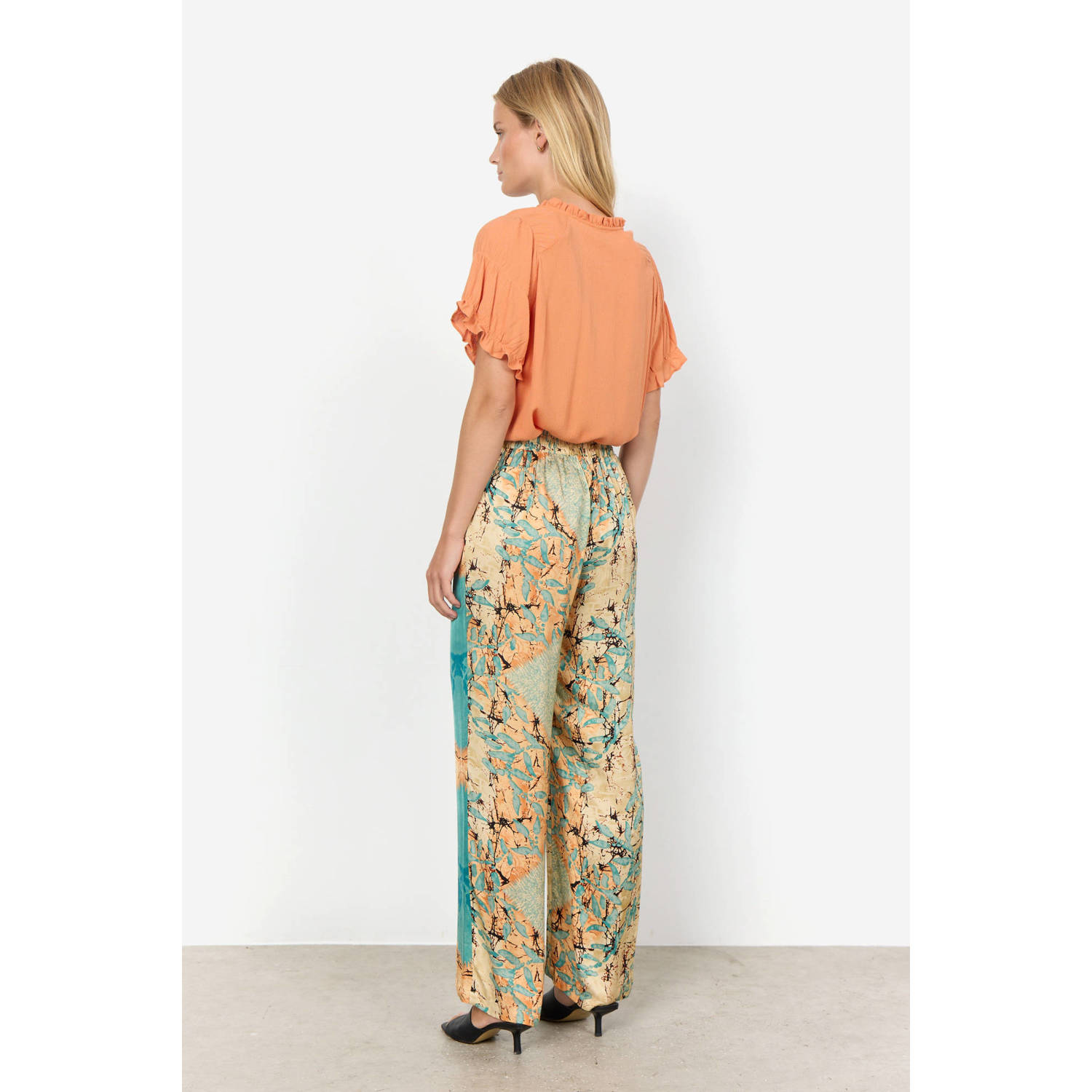 Soyaconcept high waist wide leg pantalon met all over print turquoise ecru oranje