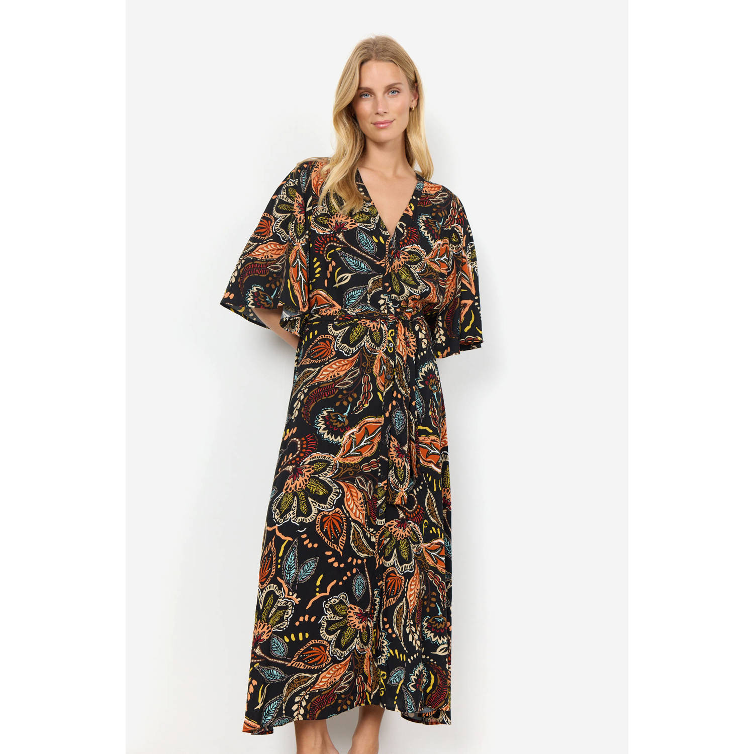 Soyaconcept maxi blousejurk met all over print en ceintuur zwart multi