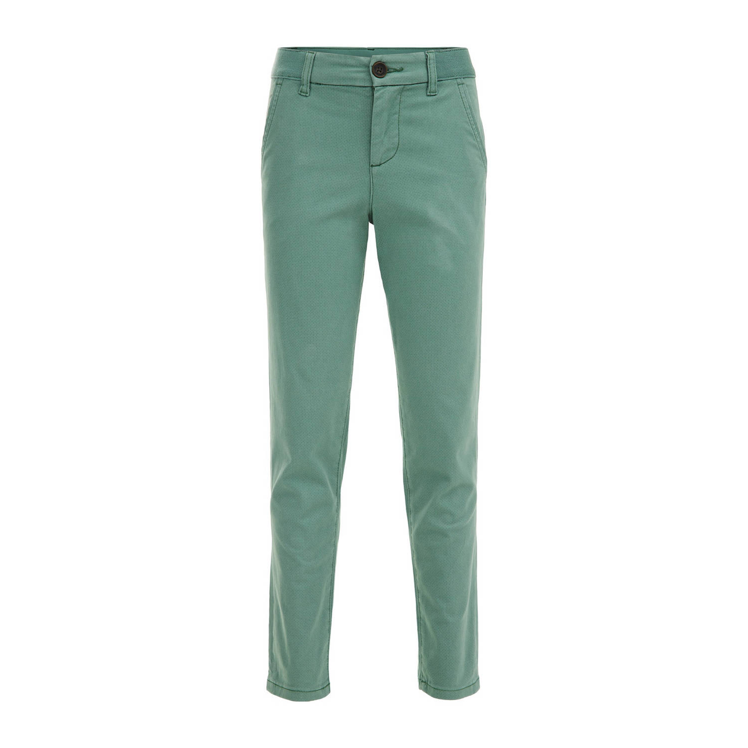 WE Fashion slim fit broek met all over print sagebrush green Groen Jongens Katoen 104