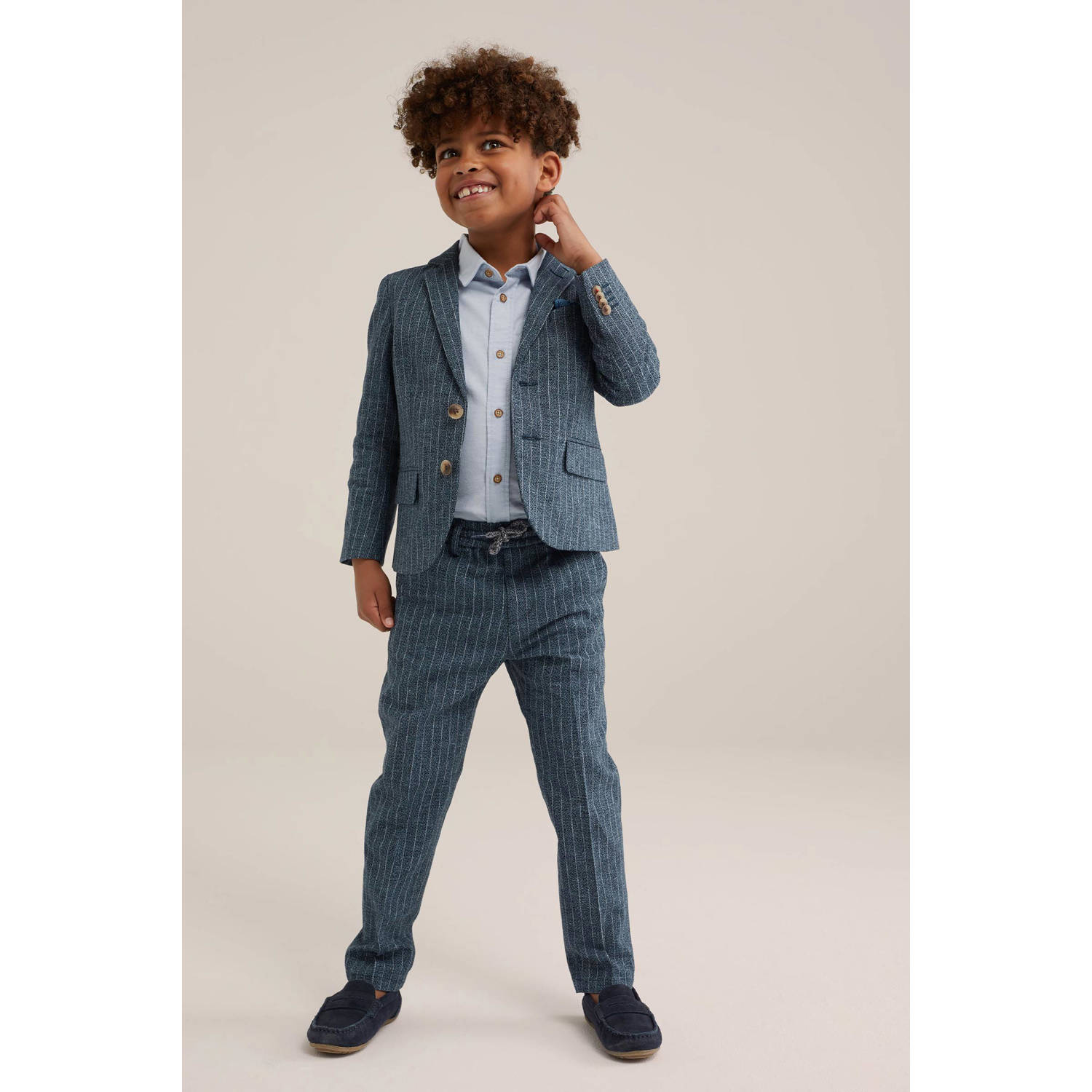 WE Fashion gestreepte slim fit broek donkerblauw