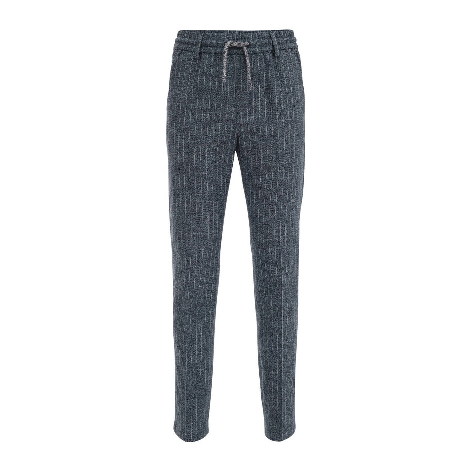 WE Fashion gestreepte slim fit broek donkerblauw Jongens Linnen Streep 128