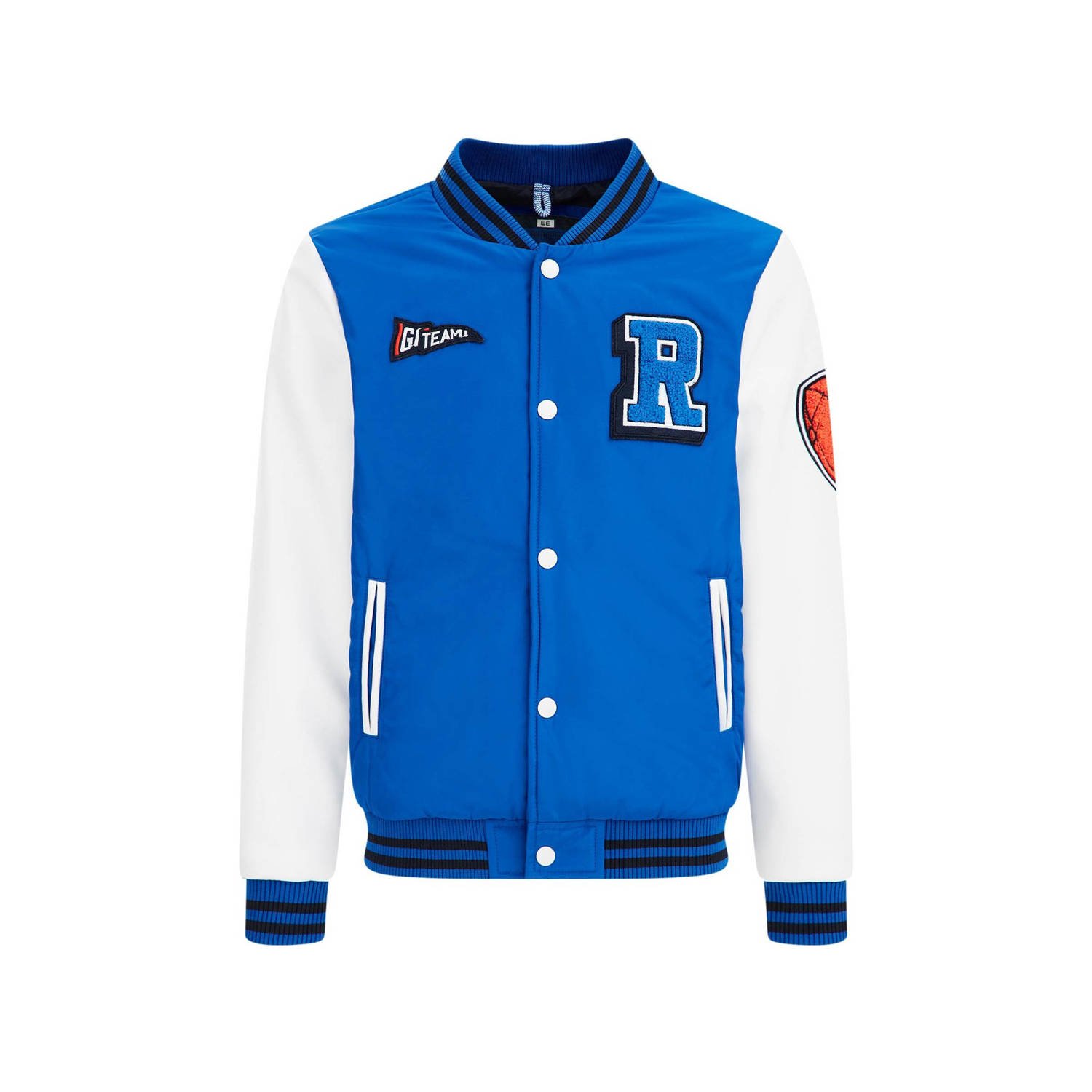 WE Fashion baseball jacket van polyester blauw wit Jas Meerkleurig 110 116