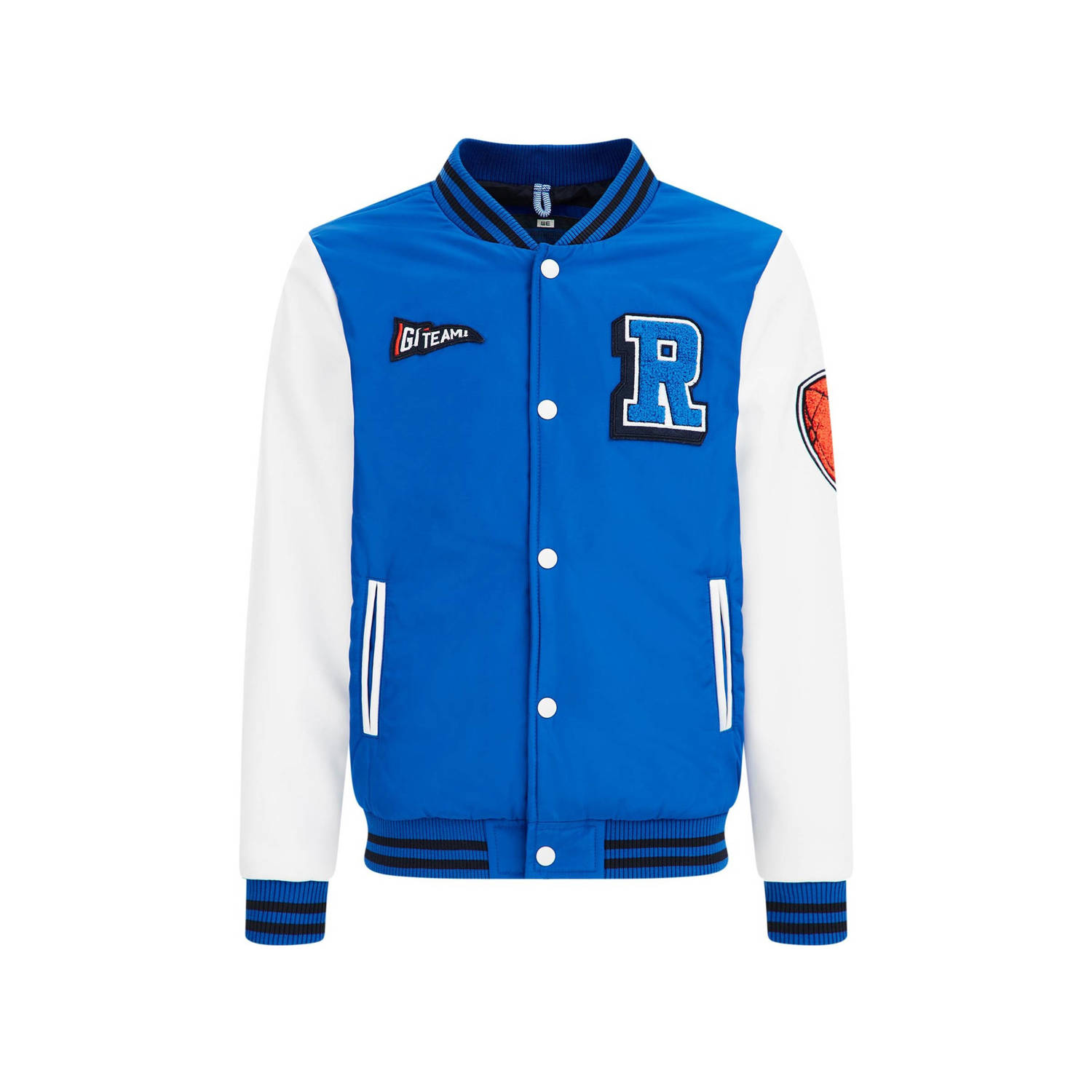WE Fashion baseball jacket van gerecycled polyester blauw wit
