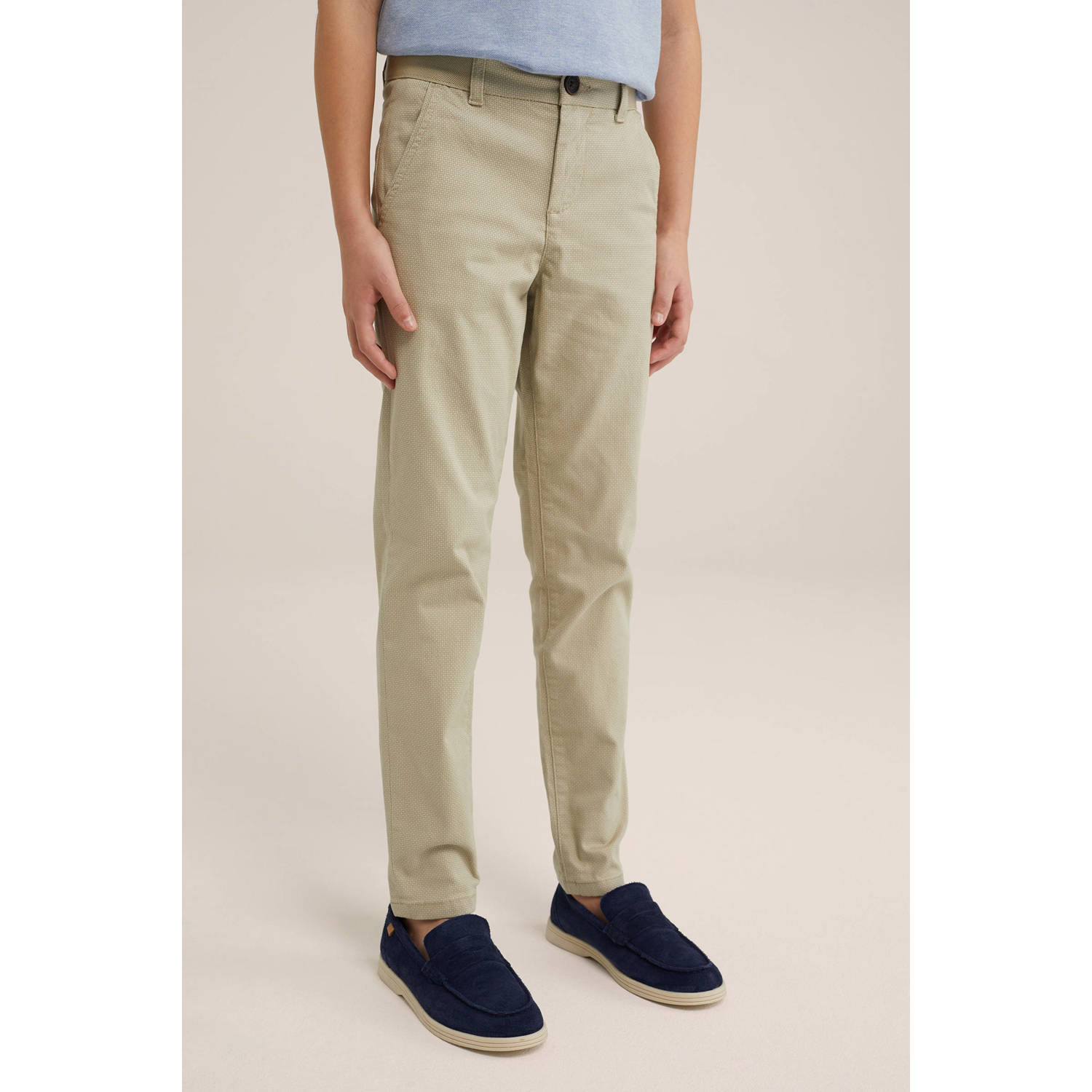 WE Fashion slim fit broek met all over print greige