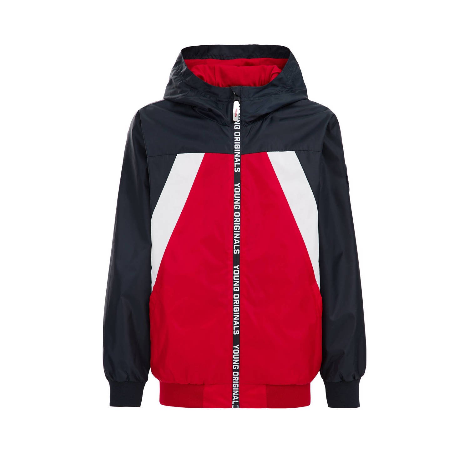 WE Fashion zomerjas donkerblauw rood wit Multi Jongens Polyester Capuchon 110 116