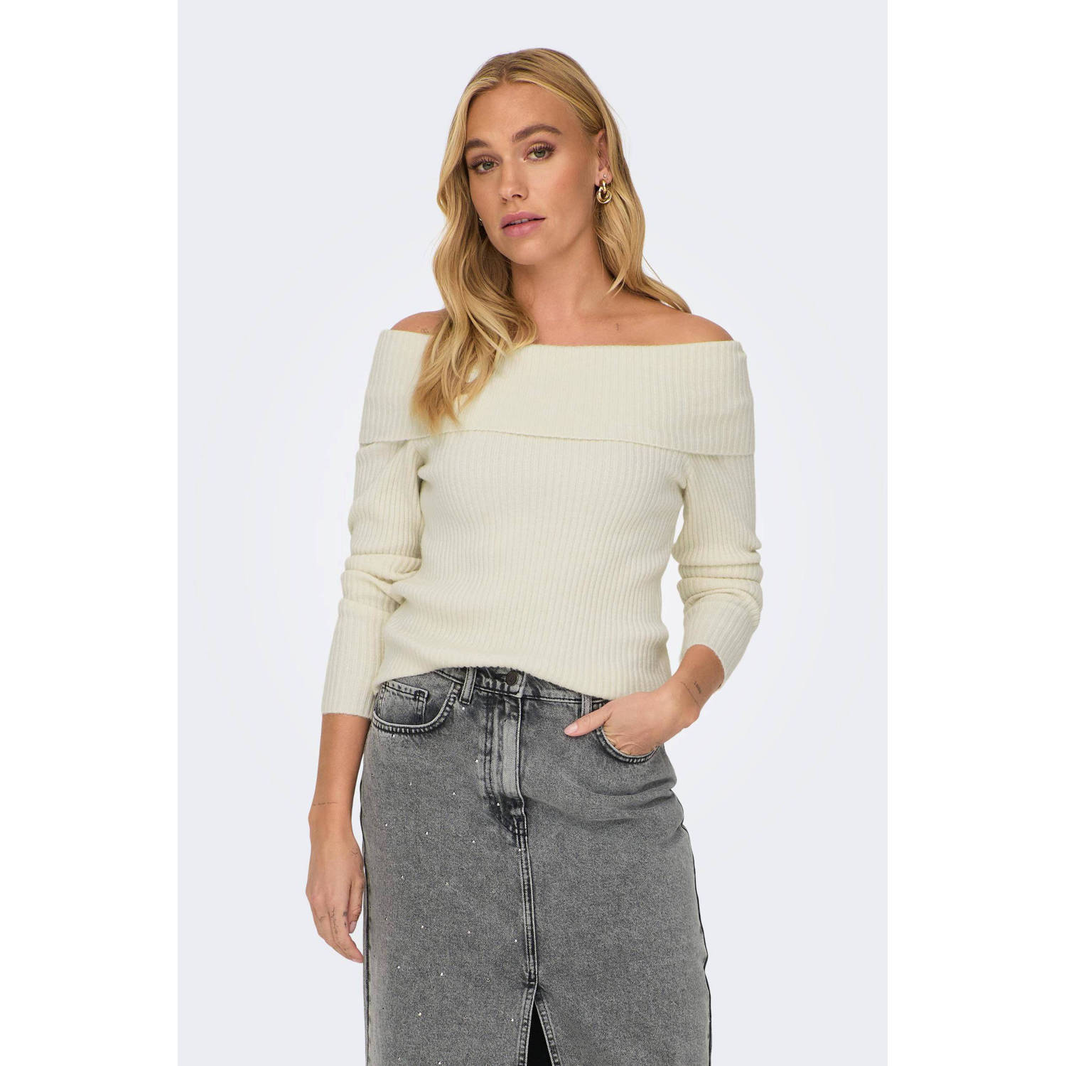 Only Slim fit gebreide pullover met off shoulder-mouwen model 'KATIA'