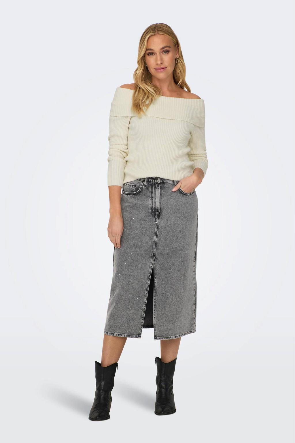 Witte dames ONLY ribgebreide off shoulder top van viscose met lange mouwen