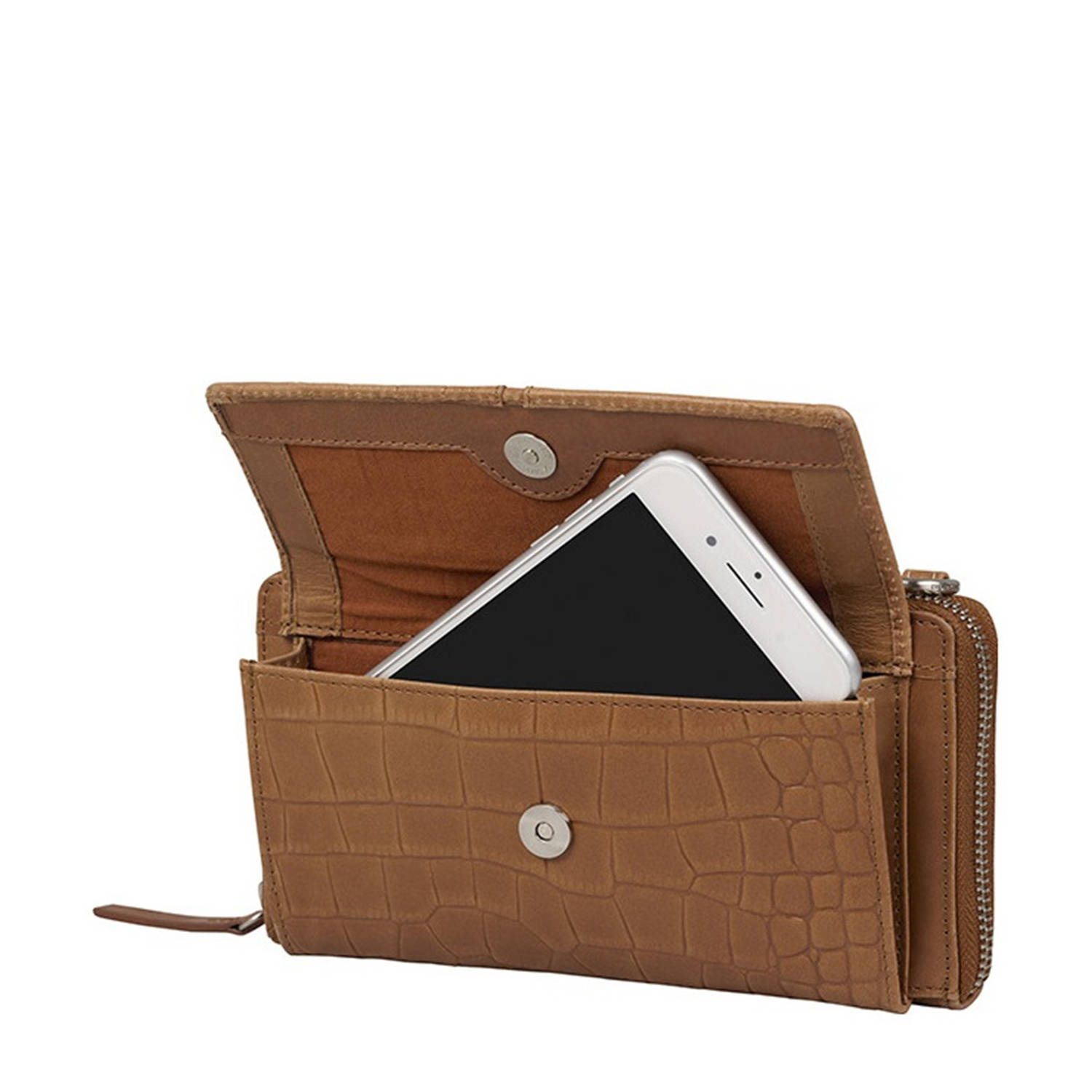 BURKELY leren telefoontasje Cool Colbie met crocoprint cognac