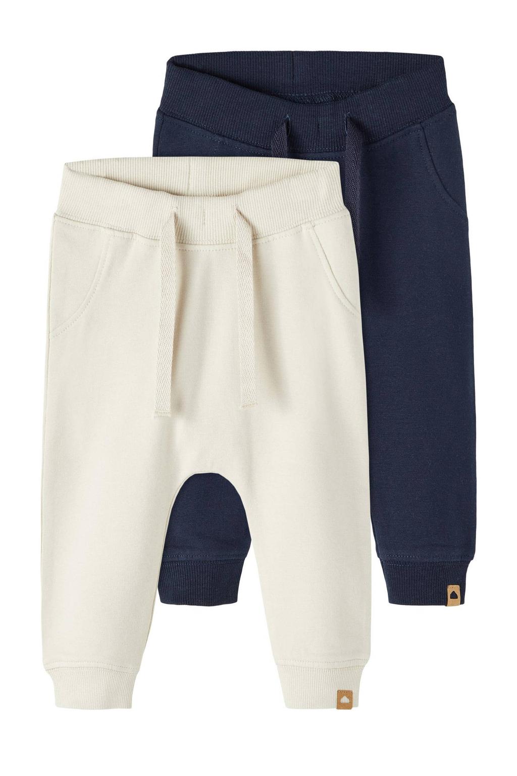 Set van 2 donkerblauw en ecru jongens NAME IT BABY babybroek van sweat materiaal met regular fit, elastische tailleband met koord en effen