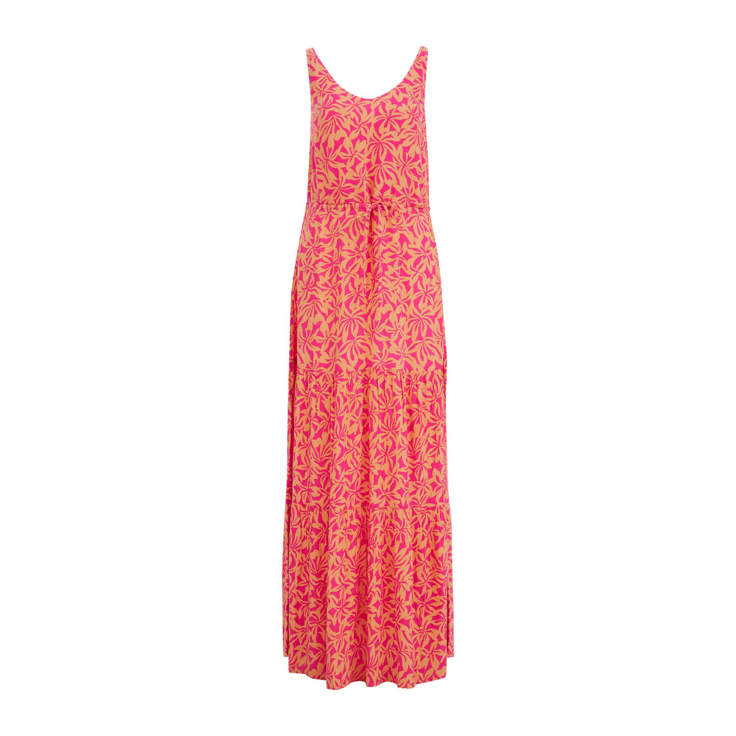 WE Fashion maxi jurk met all over print en volant met open rug roze oranje