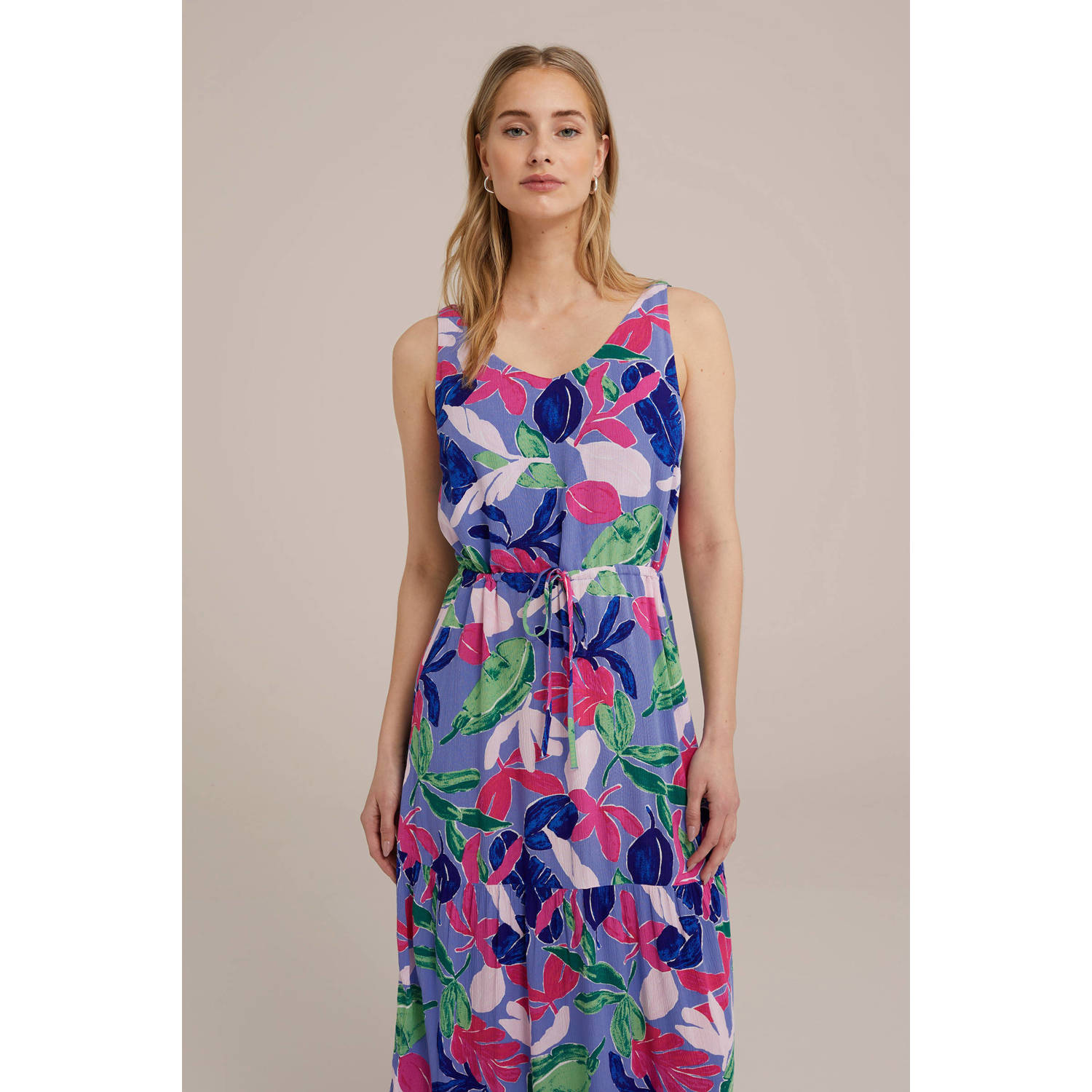 WE Fashion maxi jurk met all over print en volant met open rug blauw roze groen