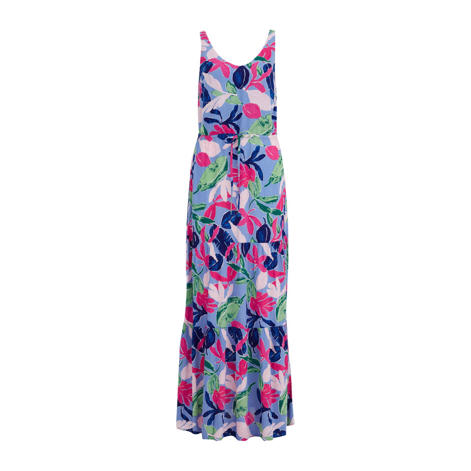 WE Fashion maxi jurk met all over print en volant met open rug blauw roze groen