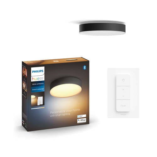 Wehkamp Philips Hue Enrave plafondlamp - warm tot koelwit licht - zwart - 26cm - 1 dimmer switch aanbieding