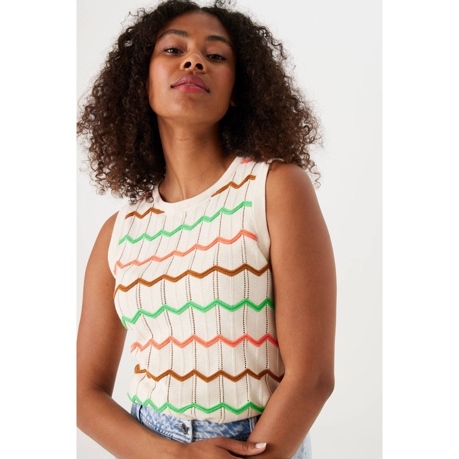 Garcia gestreepte gebreide top creme oranje groen