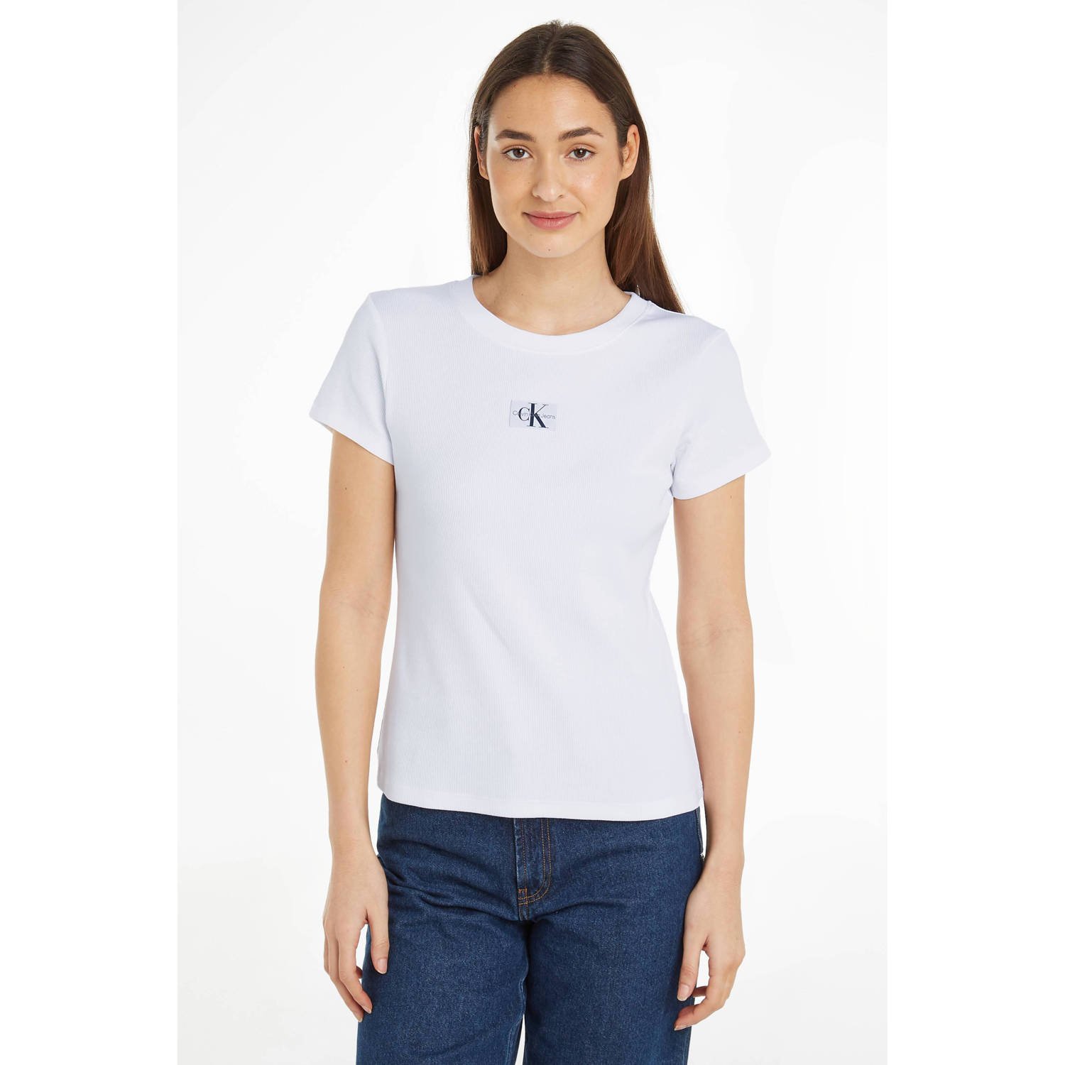 CALVIN KLEIN JEANS ribgebreid T-shirt met logo wit