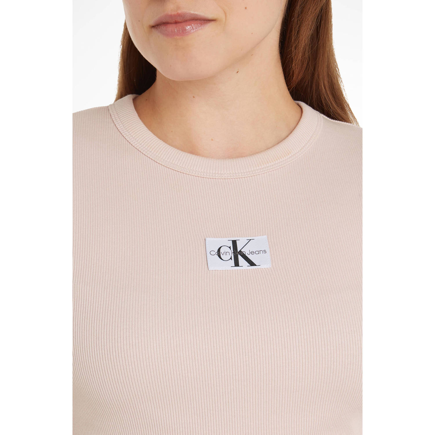 CALVIN KLEIN JEANS ribgebreid T-shirt met logo lichtroze