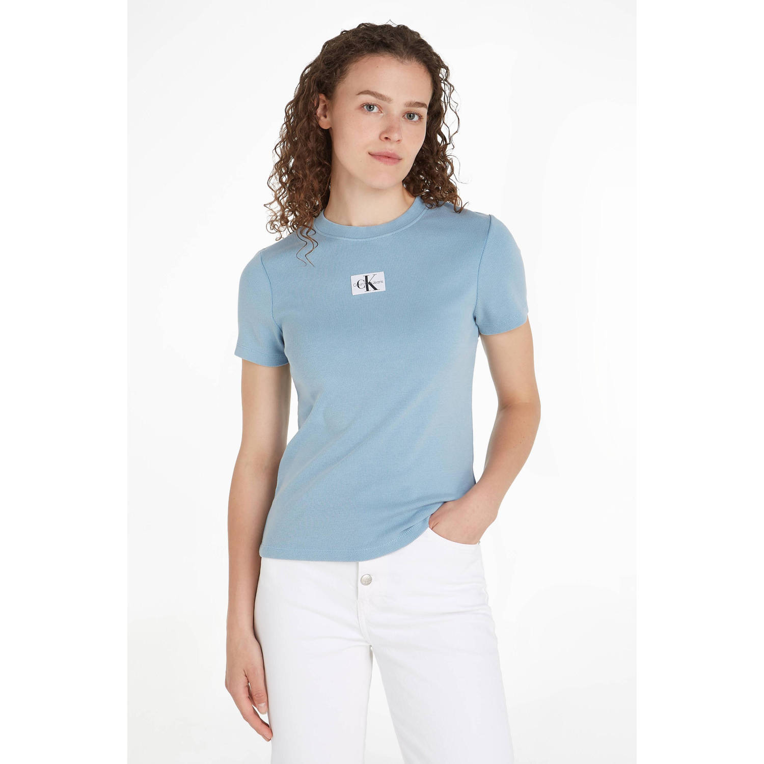 CALVIN KLEIN JEANS ribgebreid T-shirt met logo blauw