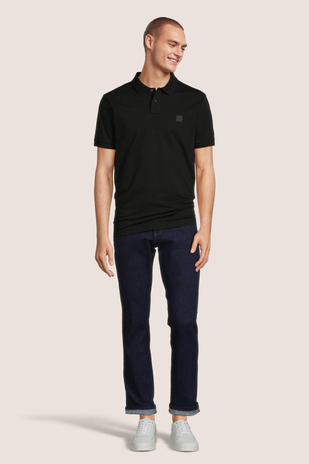 Zwarte heren BOSS regular fit polo van katoen met effen, korte mouwen, klassieke kraag en knoopsluiting