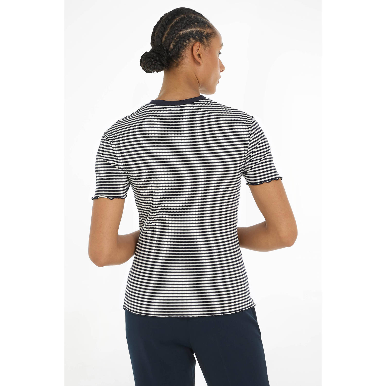 Tommy Hilfiger gestreept T-shirt met contrastbies en ruches marine ecru