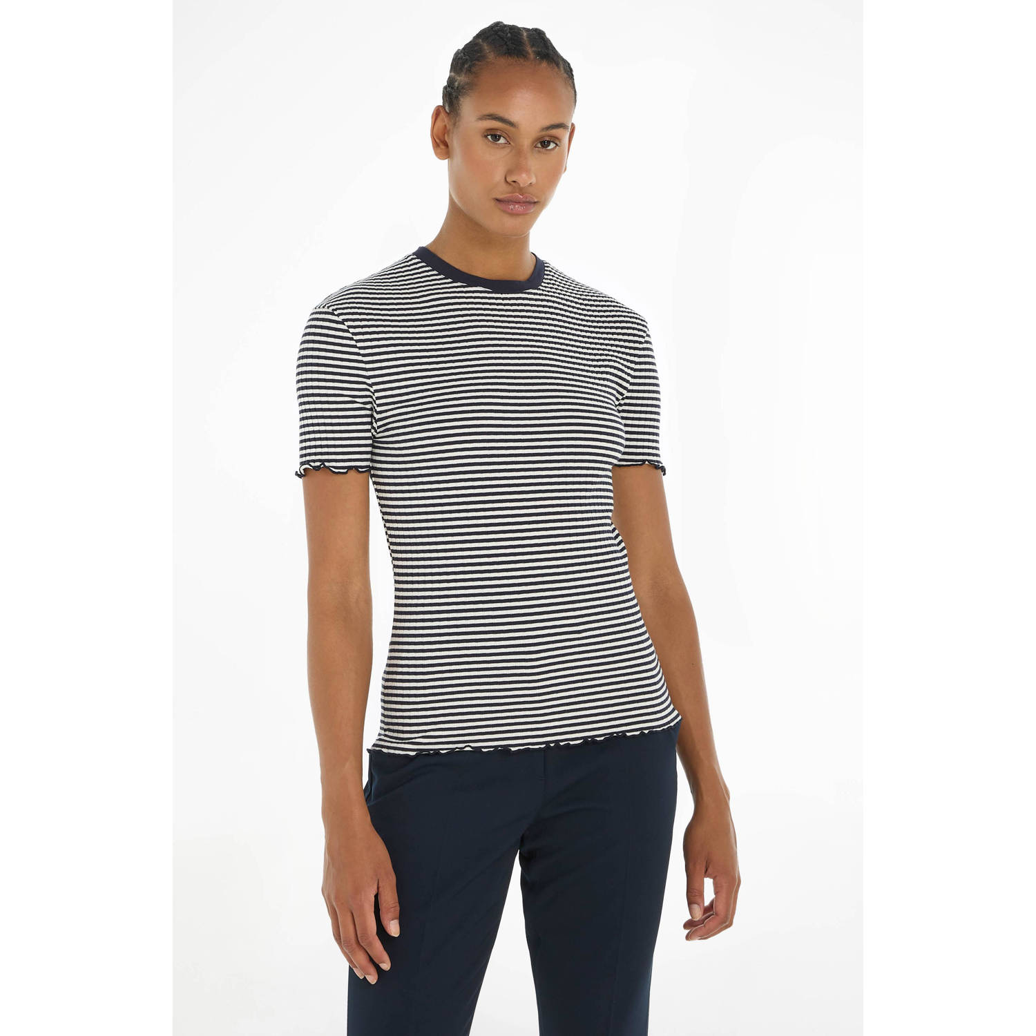 Tommy Hilfiger gestreept T-shirt met contrastbies en ruches marine ecru