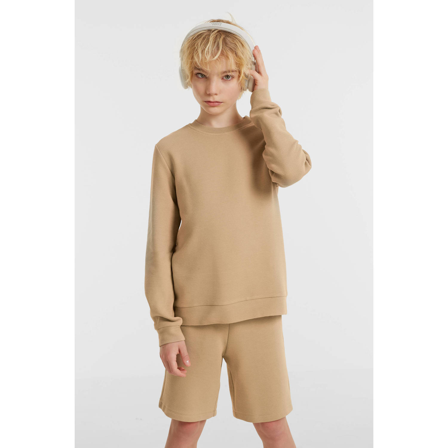 Anytime geribde sweater beige Jongens Katoen Ronde hals Effen 110 116