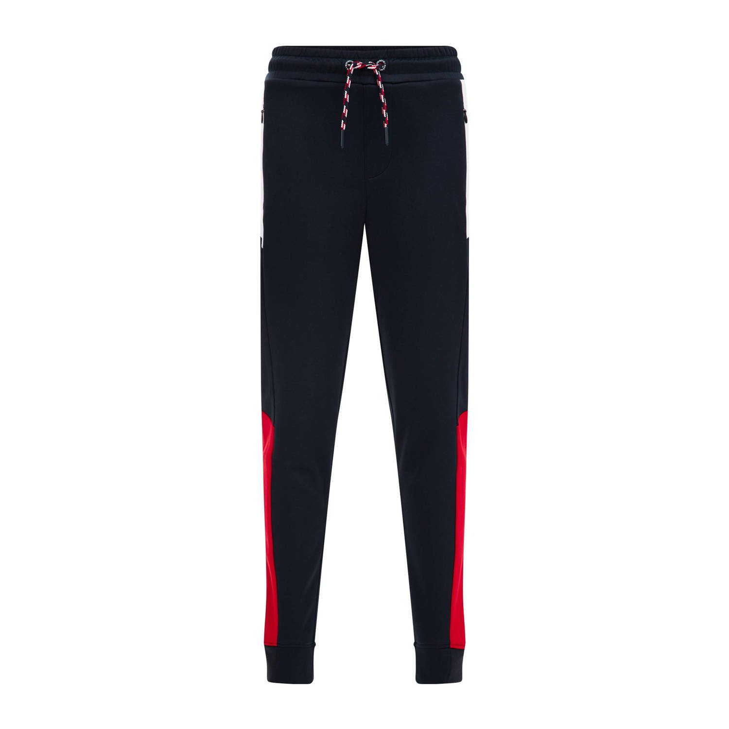 WE Fashion regular fit joggingbroek donkerblauw rood Jongens Gerecycled polyester 116